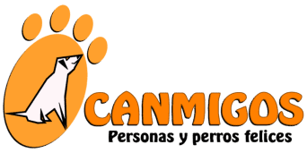 Logo de Canmigos, con un dibujo de un perro feliz con una huella de perro de fondo