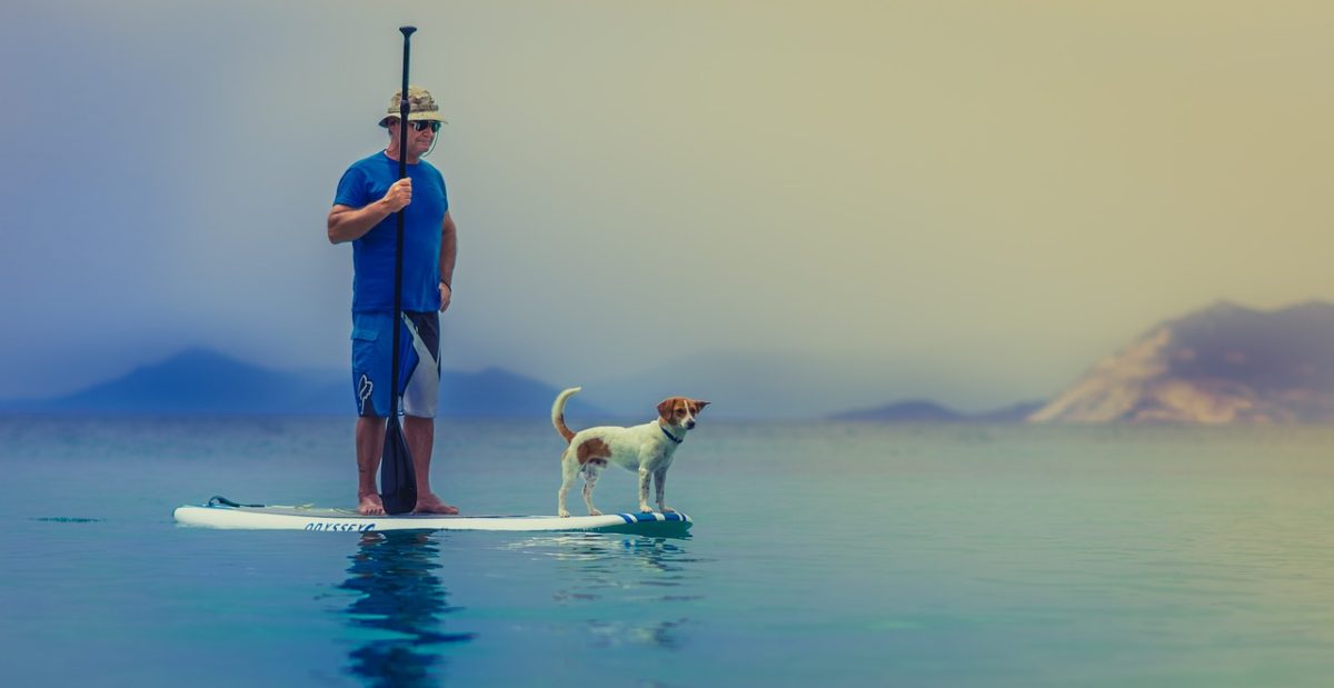 Señor con su perro sobre una tabla de paddle surf en el agua
