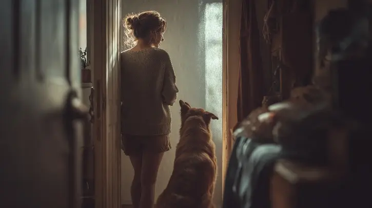 Mujer saliendo de casa preocupada por su perro con ansiedad por separación