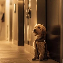 Perro del vecino esperando el ascensor