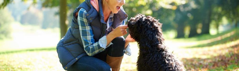 Mujer rubia jugando con un perro negro en un parque