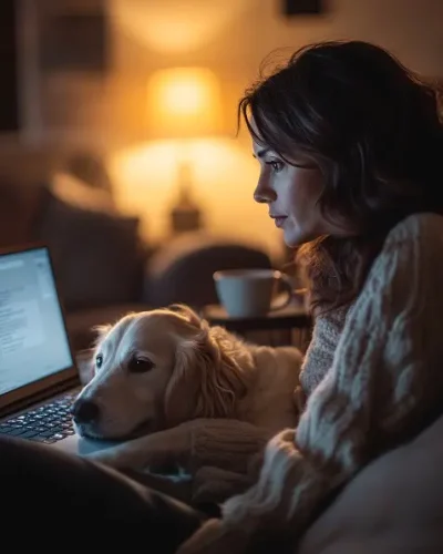 Mujer en portátil con perro